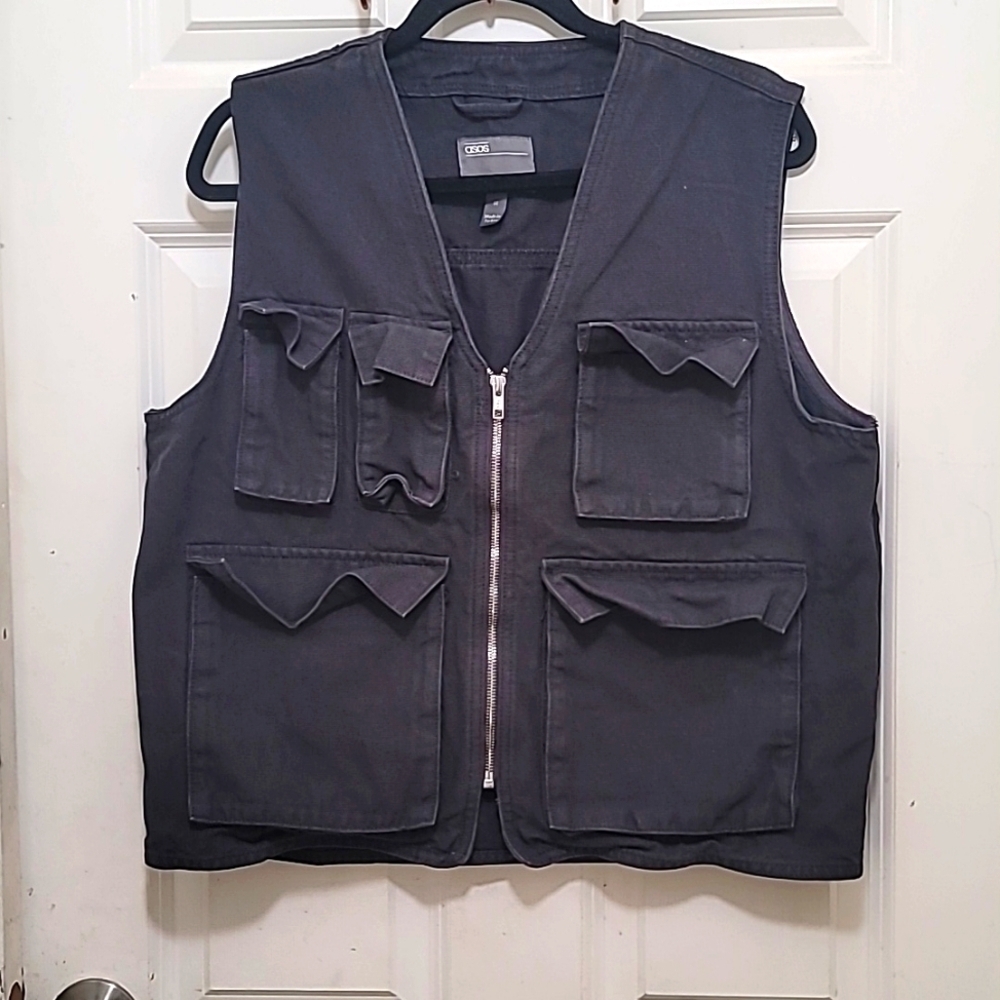 ASOS Utility Vest Mens Medium Black Cotton Canvas‎ Multi-Pocket Cargo Zip Front